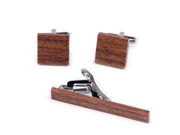 Leseni manšetni gumbi in sponka za kravato v darilni škatli - rjava naravna