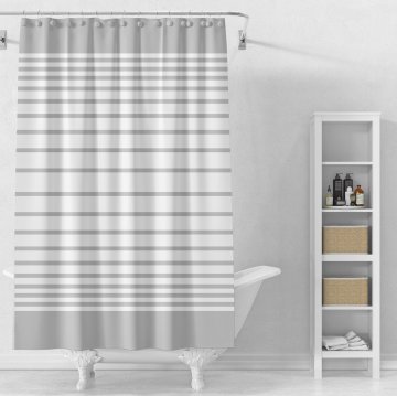 AQUALINE Vinilna tuš zavesa 180x180 cm, bela in prosojna, črtast vzorec