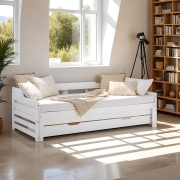 Homestyle4U Postelja, 90x200 cm, bela, s shrambo