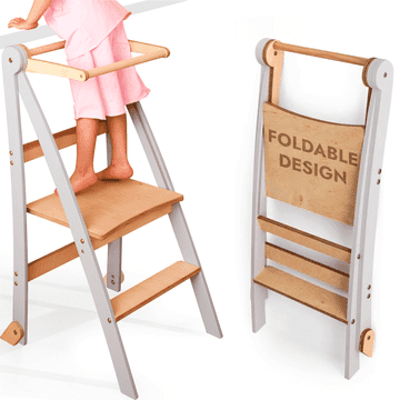 GOODEVAS Leseni Montessori zložljivi stolček za malčke – prostorni stolček za otroke z zaščito proti prevrnitvi, stolček za otroke, zložljivi otroški stolček (Light Grey)