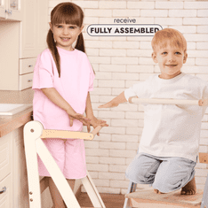GOODEVAS Leseni Montessori učni stolp, ki prihrani prostor: zložljivi učni stolp, stolček za otroke, zložljivi otroški stopnički, stolp z 2-stopenjsko nastavljivo višino in zaščito proti prevrnitvi (Ivory)