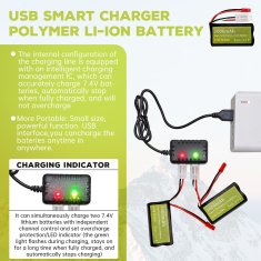 YUNIQUE GREEN-CLEAN 2 dela 7,4V 3000mah 15C 2S litij-ionska baterija z JST-2P vtičem in 2-v-1 polnilcem za UDIRC UD1601 UD1602 SG1603 RC avto 1/10, 1/12, 1/16 merilo RC tovornjak