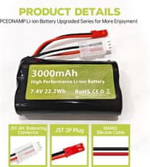 YUNIQUE GREEN-CLEAN 2 dela 7,4V 3000mah 15C 2S litij-ionska baterija z JST-2P vtičem in 2-v-1 polnilcem za UDIRC UD1601 UD1602 SG1603 RC avto 1/10, 1/12, 1/16 merilo RC tovornjak