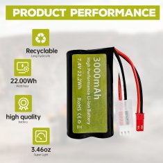 YUNIQUE GREEN-CLEAN 2 dela 7,4V 3000mah 15C 2S litij-ionska baterija z JST-2P vtičem in 2-v-1 polnilcem za UDIRC UD1601 UD1602 SG1603 RC avto 1/10, 1/12, 1/16 merilo RC tovornjak