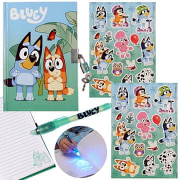sarcia.eu Bluey Komplet: Dnevnik z obeskom in čarobnim peresom + nalepke, darilni komplet za otroke