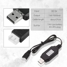 YUNIQUE GREEN-CLEAN 2-delni USB 7,4V polnilni kabel za drone | Združljiv s SYMA X8C/X8G/Hubsan H501S | USB priključek, primeren za lipo baterije, črn, plastika