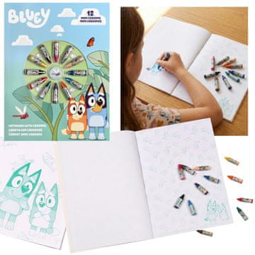 sarcia.eu Bluey Kreativni pisarniški komplet za otroke, zvezek + 12 mini voščenih barvic