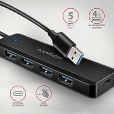 AXAGON Hue-c1a 4-vratni 5Gbps potovalni USB-razdelilnik, USB-C napajalni vhod, 19 cm kabel tipa A, dodatni USB-C napajalnik