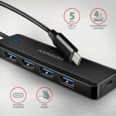 AXAGON Hue-c1c 4-vratni 5Gbps potovalni USB hub, USB-C napajalni vhod, 19 cm kabel tipa C, dodatni napajalnik USB-C