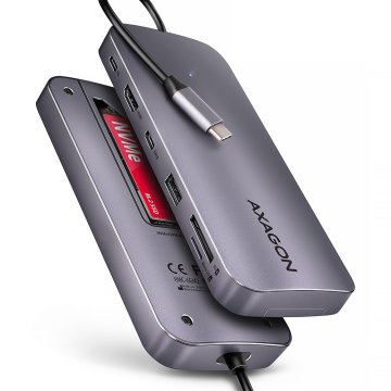 AXAGON HMC-6GM2 večvratni hub USB 6-v-1, 10 Gbps, USB-A, USB-C, HDMI 4K/60 Hz, M.2 NVMe/SATA, SD/microSD, PD 100 W, 20 cm USB-C kabel