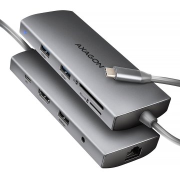 AXAGON HMC-8HLSA 9-v-1 USB večvratni hub, 5 Gbps, 3x USB-A + HDMI 4K/30 Hz, SD/microSD, LAN, avdio, 100 W PD, 20 cm USB-C kabel