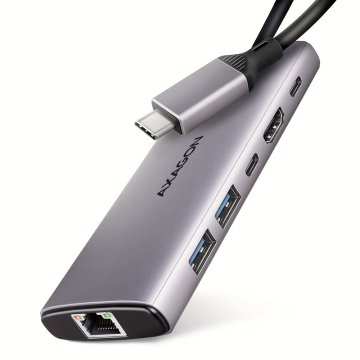 AXAGON HMC-6G2L USB 6-v-1 večvratni hub, 10 Gbps, 2× USB-A, 1× USB-C, HDMI 4K/60 Hz, PD 100 W, GLAN, 15 cm USB-C kabel.