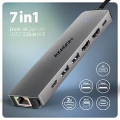 AXAGON Axagon HMC-7HX2 USB hub 7v1, 5Gbps, 2x USB-A, 1x USB-C, 2x HDMI 4K/60Hz, GLAN, PD 100W