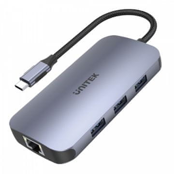 Unitek 9-v-1 USB-C hub, USB-C, HDMI 2.0, RJ45, PD 100 W, čitalnik SD kartic; D1071A
