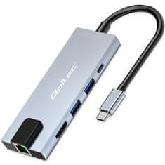 Qoltec Hub adapter USB-C 5-v-1 | USB-C PD 100 W | 2x USB | HDMI 4K | RJ45