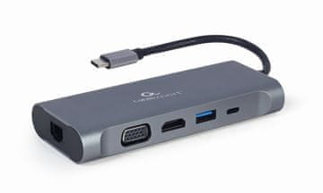 Gembird Gembird večfunkcijski adapter USB Type-C 7-v-1 (Hub 3.0 + HDMI + VGA + PD + čitalnik kartic + stereo zvok), siva barva