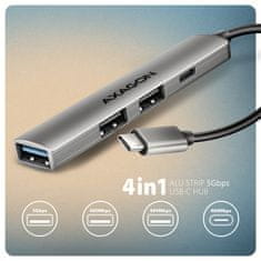 AXAGON Hue-stc hub 4-port: 1x USB-A 5Gbps, 2x USB 2.0 + 1x USB-C 2.0, 12cm USB-C kabel