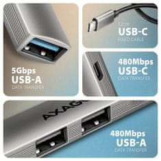 AXAGON Hue-stc hub 4-port: 1x USB-A 5Gbps, 2x USB 2.0 + 1x USB-C 2.0, 12cm USB-C kabel