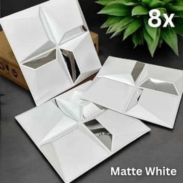 Smania Reflectiva 3D PVC ogledalni stenski paneli 50 x 50 cm (8 kosov), dekorativne stenske obloge v mat beli barvi, samolepilne 3D plošče za interier