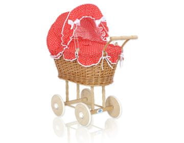 MY SWEET BABY Visok pleten voziček za punčke z rdečo posteljnino in podlogo NATALIA natural