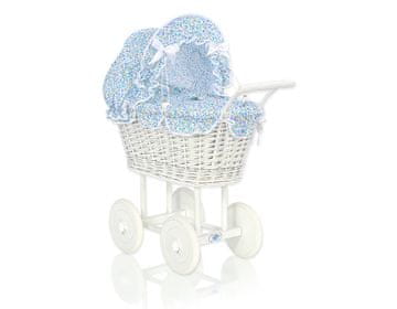 MY SWEET BABY Visok pleten voziček za punčke z modro posteljnino in podlogo - bel