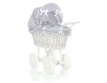 shumee Visok pleten voziček za punčke s sivo posteljnino in podlogo - bela