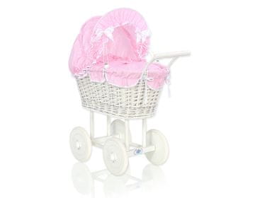 shumee Visok pleten voziček za punčke z roza posteljnino in podlogo - bela