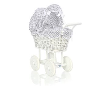 shumee Visok pleten voziček za punčke s sivo posteljnino in podlogo - bela