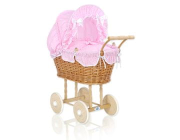 shumee Visok pleten voziček za punčke z roza posteljnino in podlogo - naravno