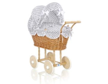 shumee Visok pleten voziček za punčke s sivo posteljnino in podlogo - naravno