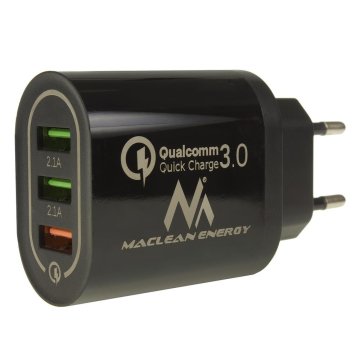 shumee Maclean MCE479 B QC 3.0 3xUSB stenski polnilnik črne barve