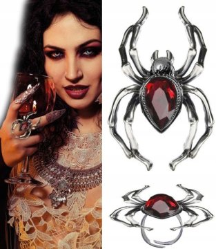 shumee Čarovniški prstan Srebrn PAJEK z rdečo kamnito kroglo za noč čarovnic