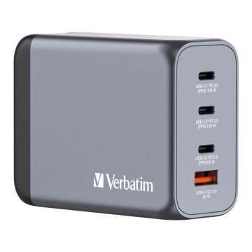 shumee Stenski polnilnik Verbatim GaN GNC-200, 3x USB-C PD (2x 100 W + 65 W), 1x USB-A QC 3.0