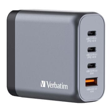 shumee Verbatim GaN GNC-140 stenski polnilnik 3xUSB-C PD (2x140W+20W) 1xUSB-A QC 3.0