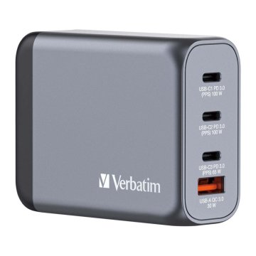 shumee Stenski polnilnik Verbatim GaN GNC-100, 3x USB-C PD (2x 100 W + 65 W), 1x USB-A QC 3.0
