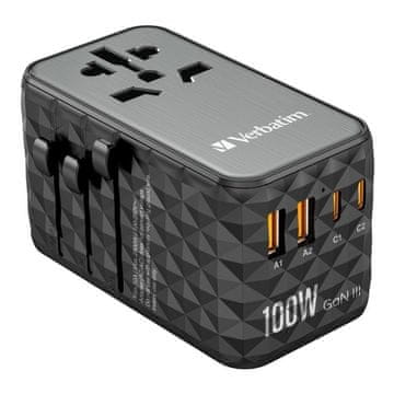 Verbatim Verbatim UTA-06 GaN III globalni potovalni adapter 2xUSB-C PD QC 4+ 100W, 2xUSB-A QC 3.0 18W