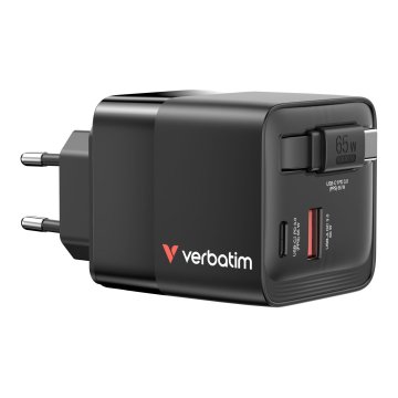 shumee Verbatim GaN stenski polnilnik 65 W 1x USB-C PD 3.0 1x USB-A QC 3.0 s kablom USB-C PD 65 W