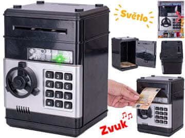 Sef 19,5 cm črne barve z baterijskim delovanjem, kodno odklepanje s svetlobo in zvokom, z denarjem
