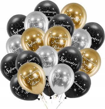 shumee SILVESTROVSKI baloni Črni Zlati Srebrni Kromirani Novoletni Silvestrovski 20 kosov.