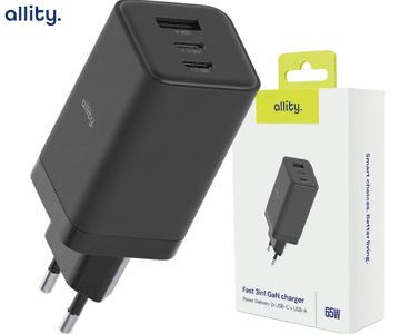 Allity ATC-01 GaN polnilec 65W, 2x USB-C, 1x USB-A, PD, QC, črn