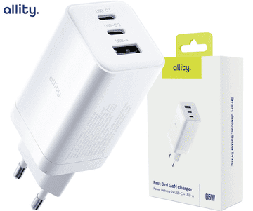 Allity ATC-01 GaN polnilec 65W, 2x USB-C, 1x USB-A, PD, QC, bel
