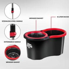 Dirt Devil Komplet za čiščenje tal / površin, 360° vrtljiva krpa, 16L vedro, ultra lahek, trpežen, enostavno čiščenje, črno-rdeč