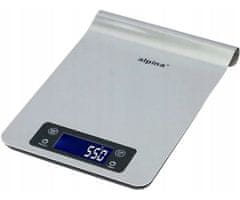 Alpina Digitalna kuhinjska tehtnica, max 5kg, LCD zaslon, funkcija TARA, samodejni vklop / izklop, prikaz temperature, timer / časovnik, nerjaveče jeklo, srebrna