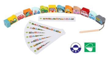 CUBIKA Vozila za nanizanje: set za nanizanje: 13 lesenih delov in 8 vzorcev