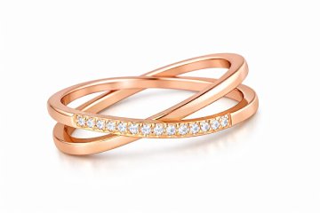 Troli Pozlačen dvojni jekleni prstan z prozornimi cirkoni iz rožnega zlata