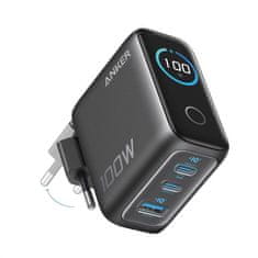 Anker 100W GaN Smart Display 3-portni polnilec, temno siv