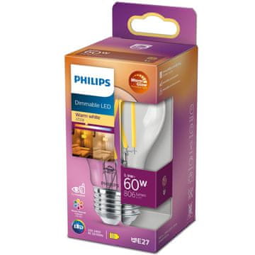 Philips LED E27 Normal 60W Clear Dimmable WarmGlow 806lm
