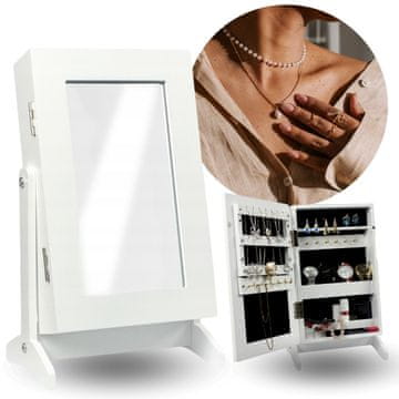 sarcia.eu 2v1 bela omarica za nakit z ogledalom – zaklenljiv organizator z oblazinjenim notranjim delom, ogledalo za toaletno mizico