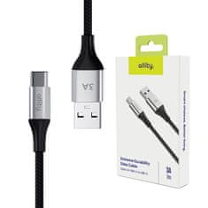 Allity AUC-01 kabel, USB-A na USB-C, 60W, 3A, 1m, univerzalni, najlon, +Velcro trak, črn