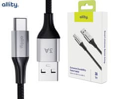 Allity AUC-01 kabel, USB-A na USB-C, 60W, 3A, 1m, univerzalni, najlon, +Velcro trak, črn